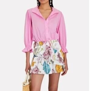 Xirena Sz M Elody Puff Sleeve Top Pink Cotton Cropped Feminine Coastal Ruffle